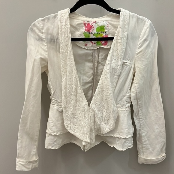 Free People Blazer Lace Shawl Collar Linen Cotton Blend White Size 0 Ruffled - Picture 5 of 10